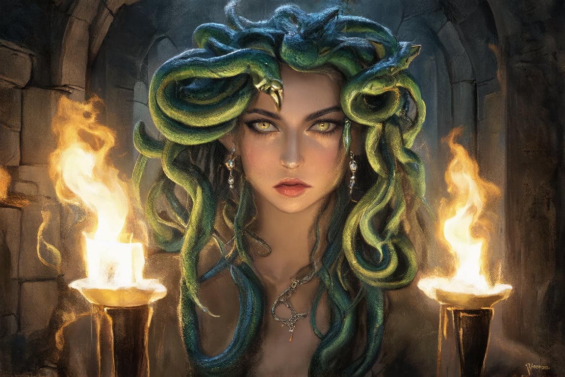 Medusa's piercing gaze dominates the frame, set against a backdrop of ancient ruins shrouded in darkness. Flickering torches cast eerie shadows, highlighting the serpent-hair that wraps around her face like living vines. Her eyes blaze with inner fire as she stands defiantly, the camera's low angle emphasizing her towering presence. The air is heavy with foreboding, her unyielding determination palpable.