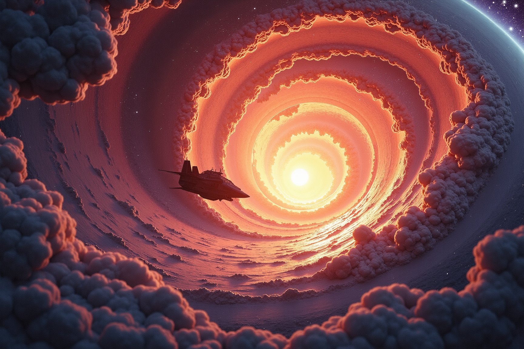 ultrarealistic space battleship entering a twister worm hole,realistc swirlingstars 