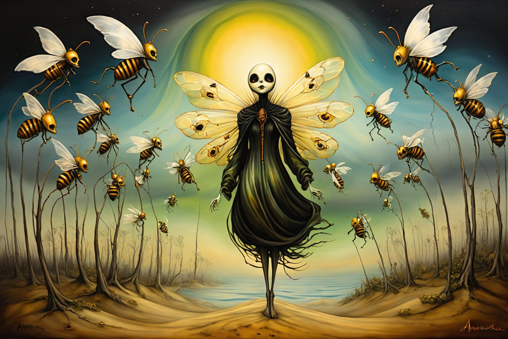 aurora boreal,palmeras,abejas,hongos,ranas,ghost person,dementores,viento,soledad, in the style of esao andrews