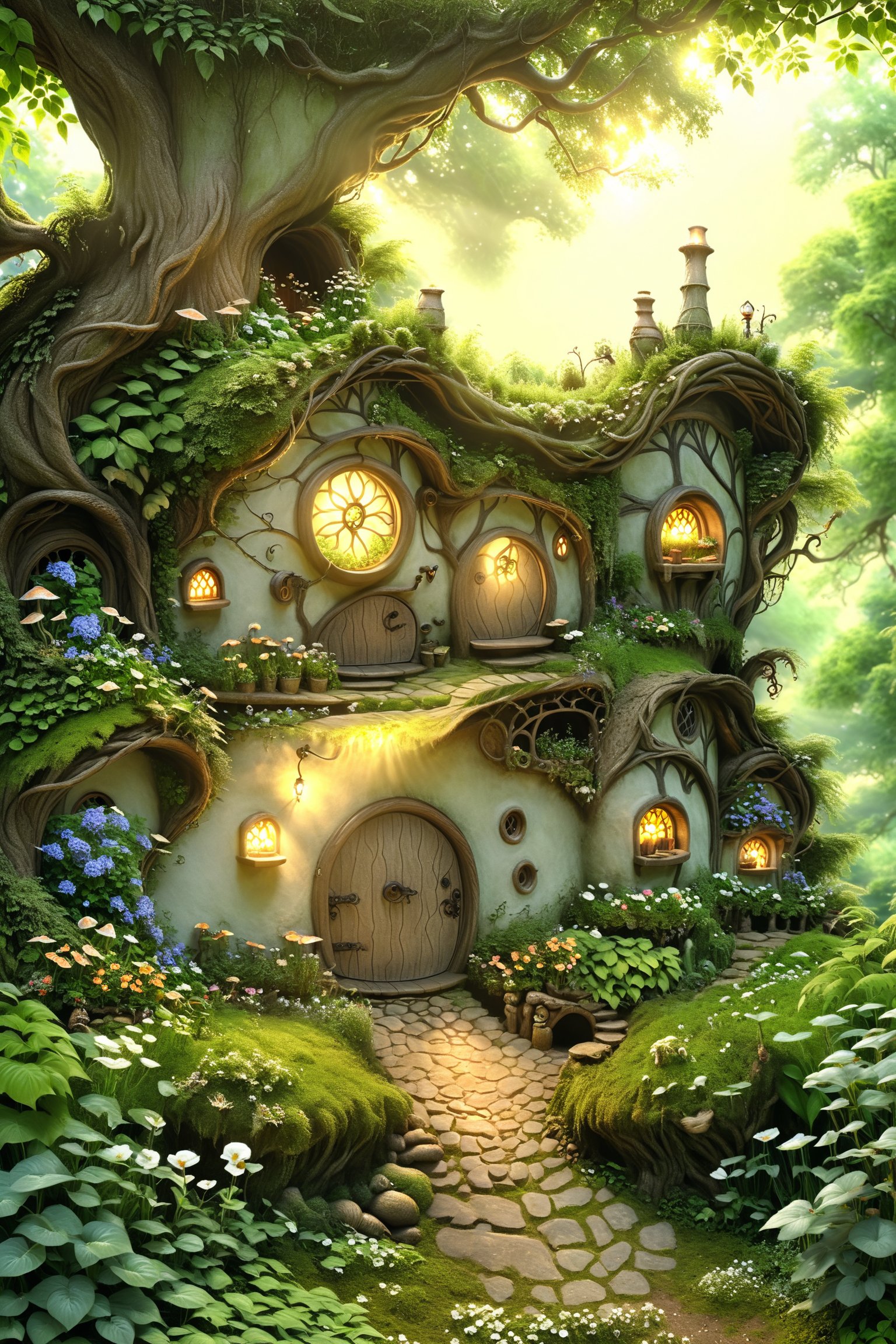 A whimsical scene unfolds as the camera captures the serene atmosphere of an enchanted forest. Amidst the lush green foliage and sunlit trees, a charming hobbit-style dwelling nestles cozily into the nook of a massive tree trunk. Smoke lazily billows from the chimney, carrying the scent of warmth and comfort. Steps lead up to the round door, inviting viewers to enter this mystical realm, whimscial, bugs, fairys, 75 degree wide angle, movie still,