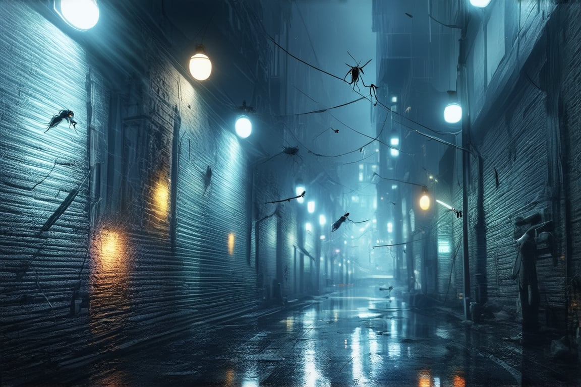 In a dimly lit alleyway, fluorescent mutant mosquitoes swarm and hover, their iridescent bodies glowing under the faint streetlights. With an eerie hum, they prowl through the shadows, their compound eyes fixed on unsuspecting prey. As they zero in for the kill, their proboscis extends, ready to deliver a painful sting that will leave their victims reeling.