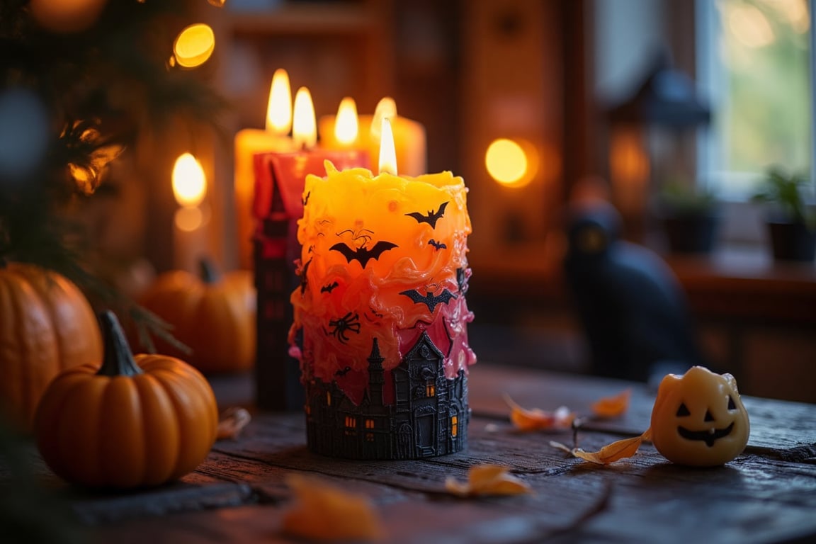 A DSLR-quality image of a decorative Halloween candle. The candle is intricately designed, with spooky motifs like pumpkins, bats, and ghosts. The composition captures the candle from a close-up angle, highlighting its detailed craftsmanship and vibrant colors. The lighting is soft and warm, casting a gentle glow around the candle. The background is minimal, focusing attention solely on the decorative piece. The scene exudes a festive, Halloween atmosphere, with the candle as the central subject.