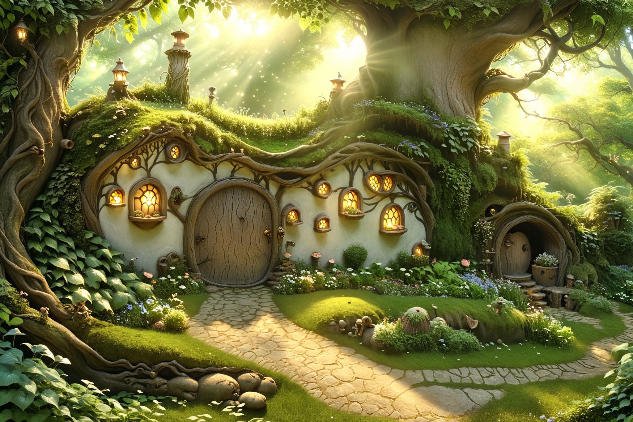 A whimsical scene unfolds as the camera captures the serene atmosphere of an enchanted forest. Amidst the lush green foliage and sunlit trees, a charming hobbit-style dwelling nestles cozily into the nook of a massive tree trunk. Smoke lazily billows from the chimney, carrying the scent of warmth and comfort. Steps lead up to the round door, inviting viewers to enter this mystical realm, whimscial, bugs, fairys, 75 degree wide angle, movie still,