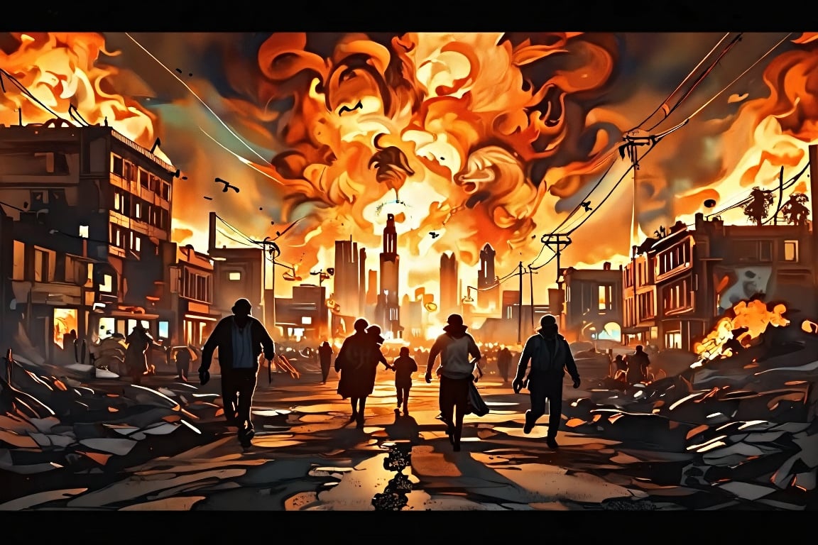 Apocalyptic Armageddon: A dramatic shot of a cityscape in ruins, with towering flames engulfing the skyline as panicked civilians flee for their lives. Burning buildings and charred vehicles litter the streets, amidst the chaos and devastation. In the foreground, people run wildly, some carrying small children or dragging belongings, while others stumble amidst the rubble. The intense orange glow of the inferno illuminates the darkened atmosphere, casting long shadows across the desolate landscape.