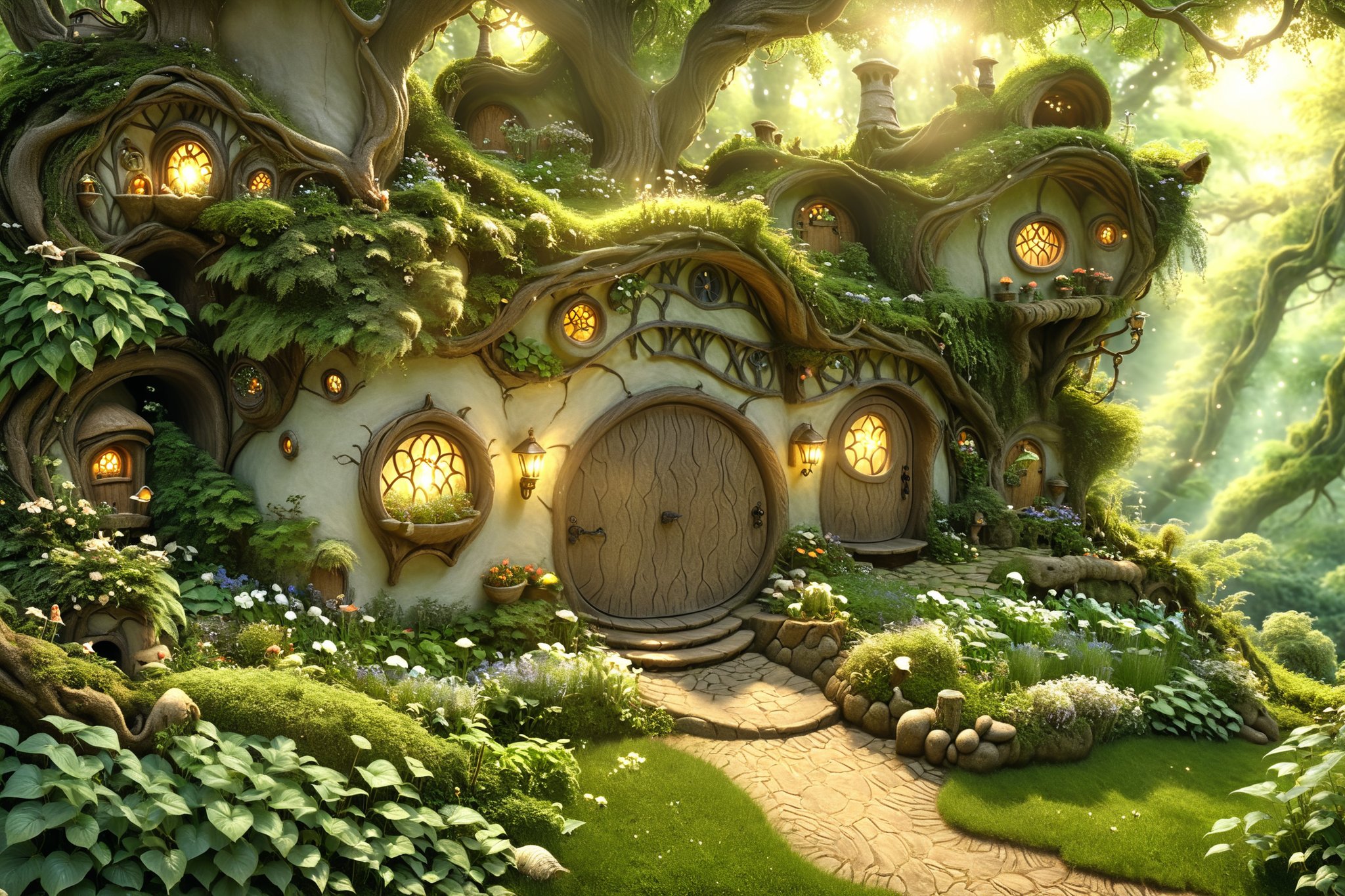 A whimsical scene unfolds as the camera captures the serene atmosphere of an enchanted forest. Amidst the lush green foliage and sunlit trees, a charming hobbit-style dwelling nestles cozily into the nook of a massive tree trunk. Smoke lazily billows from the chimney, carrying the scent of warmth and comfort. Steps lead up to the round door, inviting viewers to enter this mystical realm, whimscial, bugs, fairys, 75 degree wide angle, movie still,