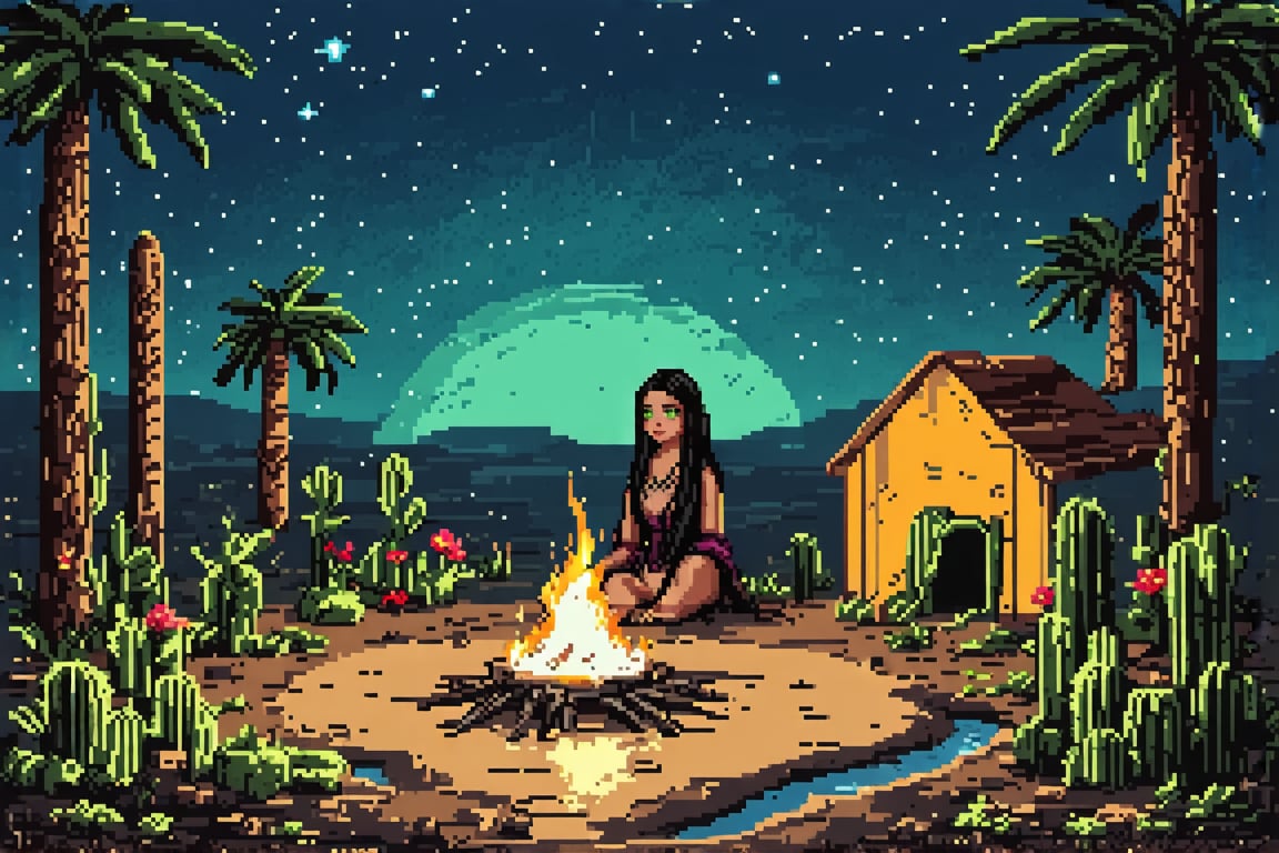 Pixel art scene of a vast desert oasis at dusk. A young nomad girl with long black hair and striking green eyes sits by a small campfire. Her traditional robes flow in earthy tones. Palm trees and a small pool reflect the setting sun. The girl's tent is nearby, made of weathered fabric. A camel rests in the background. The sky transitions from deep blue to orange, with pixelated stars appearing. Cacti and desert flowers dot the landscape.,pixelartsd3