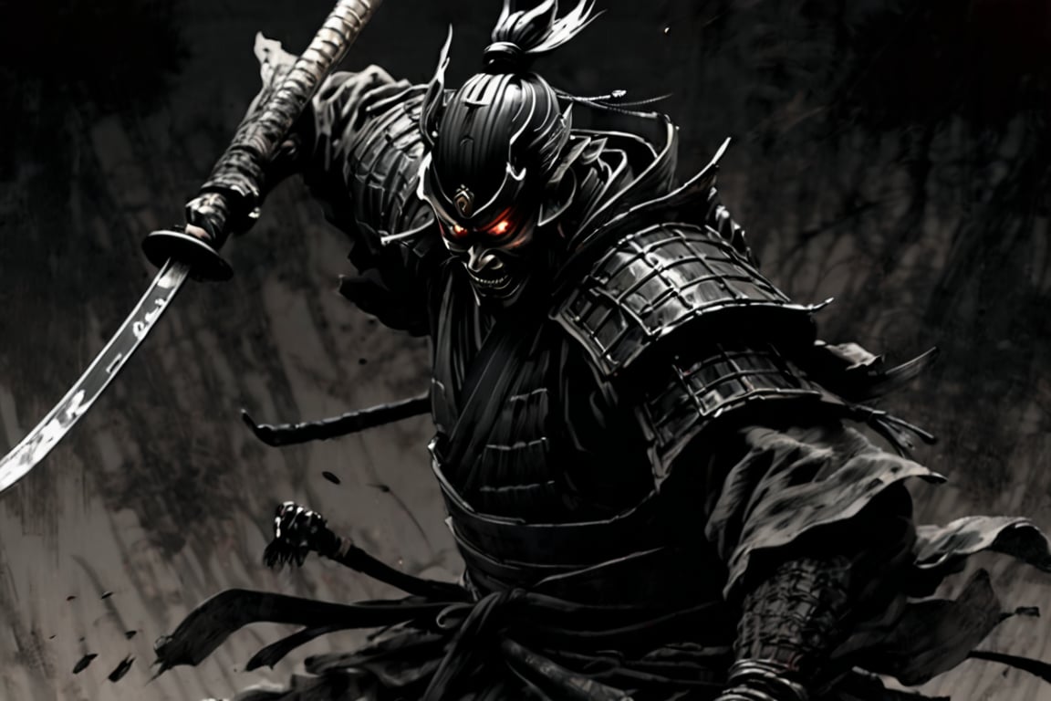 Score 9, Source Manga, (2 page manga) (Japanese samurai in Japanese armour engaged in slashing combat in the dark), Excellent image quality, Exquisite detail, Charcoal drawing, Charcoal, Popular Japanese action manga, Ink painting, Holding a sword, Swinging a sword down, Black aura, Glowing eyes, Demon mask, Cold air coming from mouth