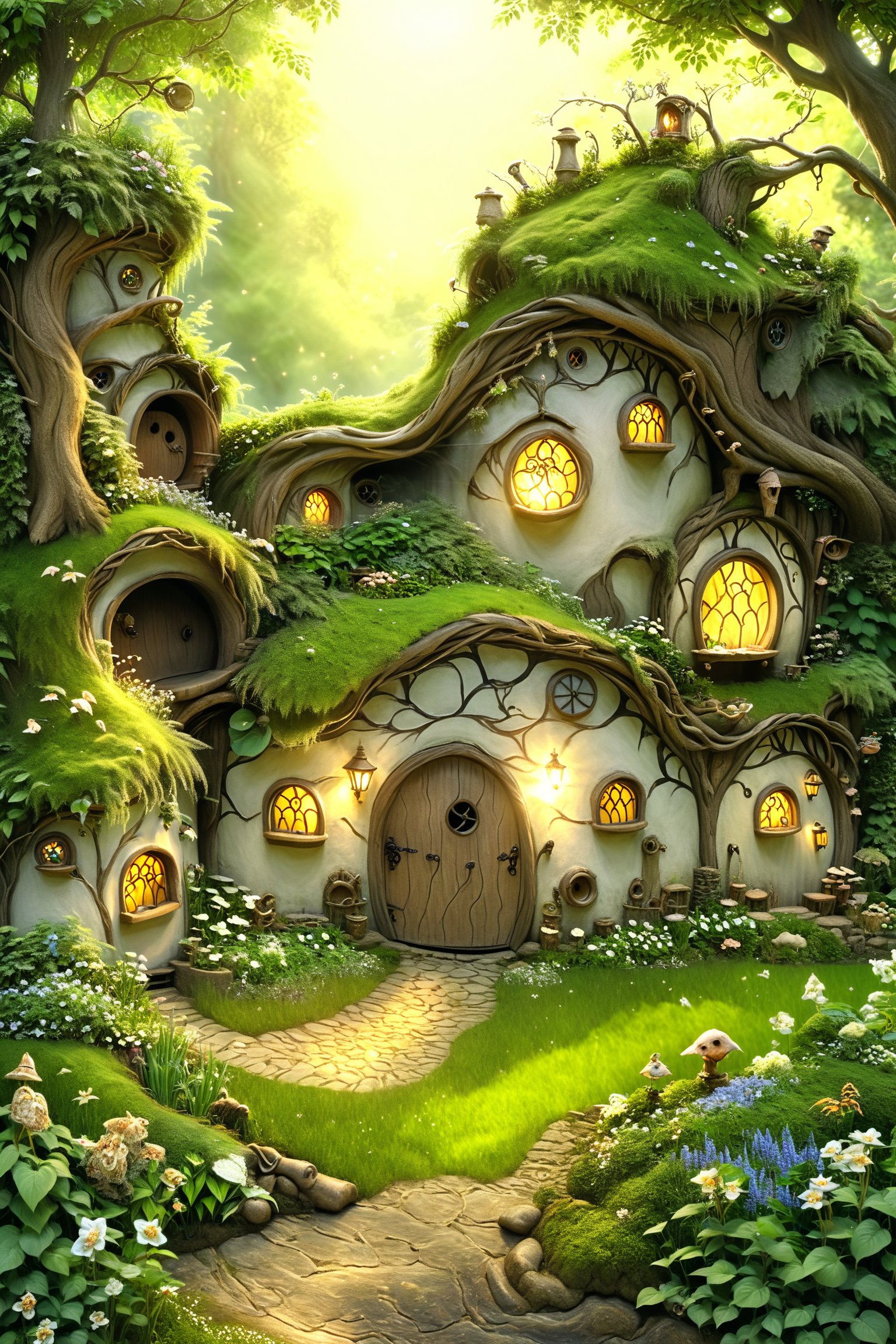 A whimsical scene unfolds as the camera captures the serene atmosphere of an enchanted forest. Amidst the lush green foliage and sunlit trees, a charming hobbit-style dwelling nestles cozily into the nook of a massive tree trunk. Smoke lazily billows from the chimney, carrying the scent of warmth and comfort. Steps lead up to the round door, inviting viewers to enter this mystical realm, whimscial, bugs, fairys, 75 degree wide angle, movie still,