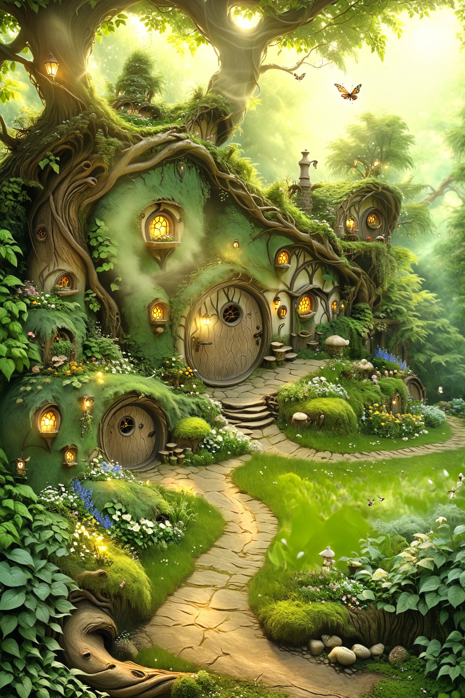 A whimsical scene unfolds as the camera captures the serene atmosphere of an enchanted forest. Amidst the lush green foliage and sunlit trees, a charming hobbit-style dwelling nestles cozily into the nook of a massive tree trunk. Smoke lazily billows from the chimney, carrying the scent of warmth and comfort. Steps lead up to the round door, inviting viewers to enter this mystical realm, whimscial, bugs, fairys, 75 degree wide angle, movie still,