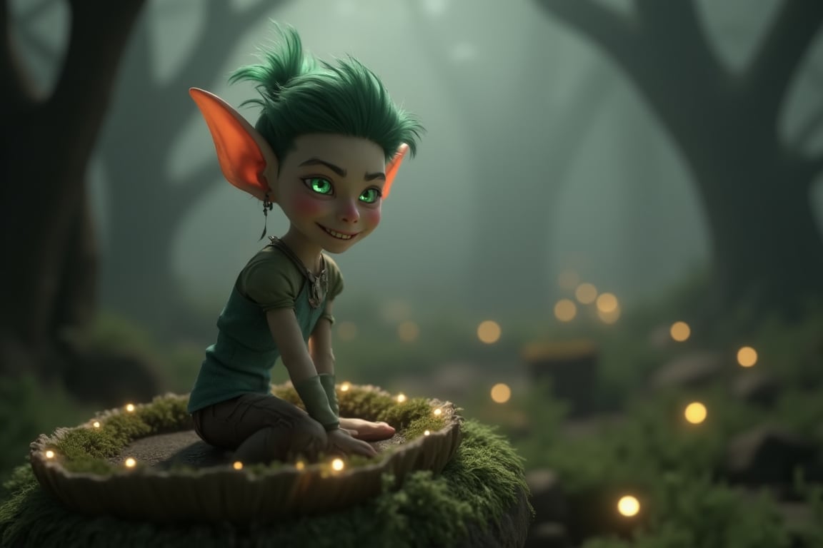 A whimsical CGI 3D animation visual: a delicate elf (species) perches on a moss-covered mushroom, surrounded by twinkling fairy lights. The camera zooms in on the elf's intricate features, showcasing a mischievous grin and piercing green eyes. Soft, warm lighting casts a gentle glow, highlighting the elf's ethereal aura as it gazes out at the misty forest landscape.