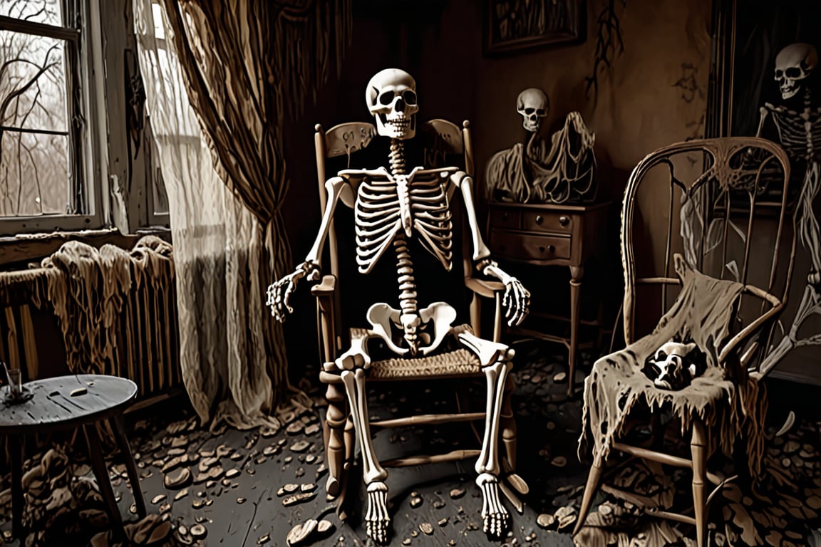 Imágenes Realismo Mythical and gloomy scene of a skeleton which has already sat in a chair or rocking chair that is already covered by fabric, it damages you and dust, the skeleton itself has been there posing in that rocking chair for hundreds of years