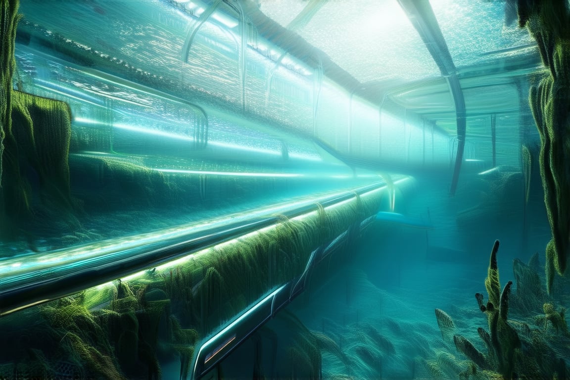 A futuristic underwater scene: a subway train glides smoothly through a transparent glass tunnel, surrounded by the vast expanse of ocean water. The sunlight from above casts an eerie glow, illuminating the sleek train and rippling the seaweed-like tendrils swaying in the current.