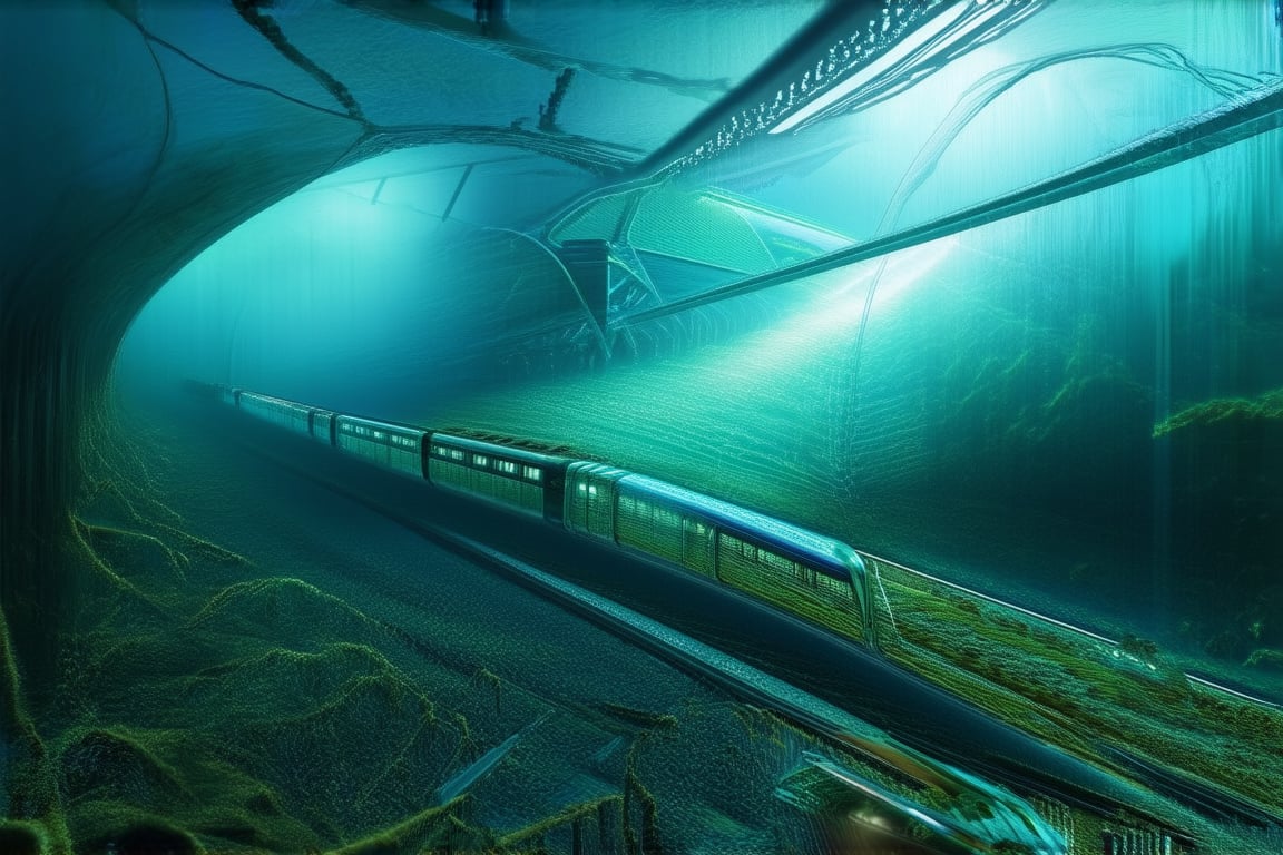 A futuristic underwater scene: a subway train glides smoothly through a transparent glass tunnel, surrounded by the vast expanse of ocean water. The sunlight from above casts an eerie glow, illuminating the sleek train and rippling the seaweed-like tendrils swaying in the current.