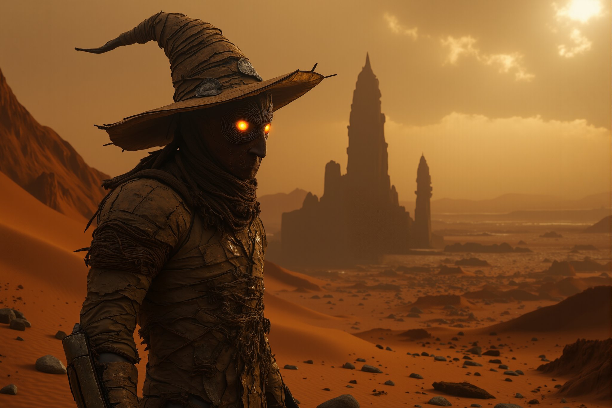 8K UHD realistic fantasy image, a masked bounty hunter stands amidst a mystical desert landscape. The hunter wears a mummy-like bandaged outfit, with a witch's hat perched atop their head. The mask is intricately detailed, with glowing eyes and a menacing expression. The mummy's bandages are weathered and tattered, revealing glimpses of the bounty hunter's skin beneath. The witch's hat adds an element of magic and mystery to the character. The scene is bathed in a warm, golden light, with sand dunes and ancient ruins in the background, creating a sense of adventure and danger.