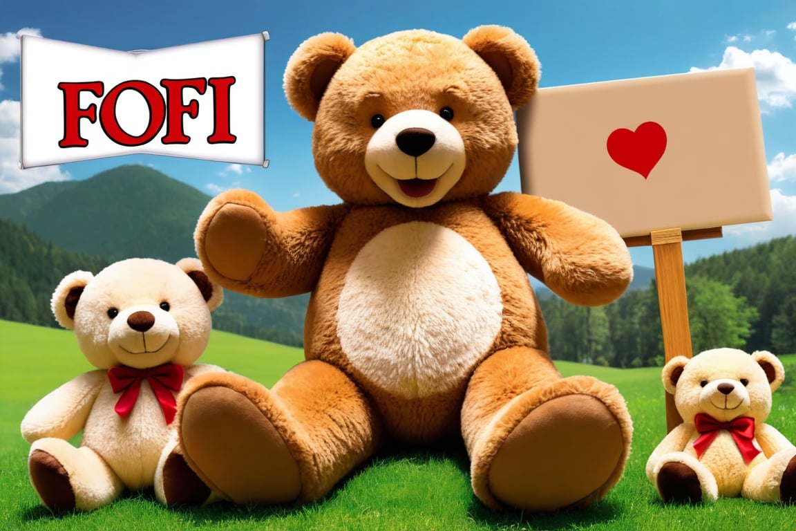 a big Teddy bear holding a board with the text saying "FOFI" smiling, daytime,background many teddys bears