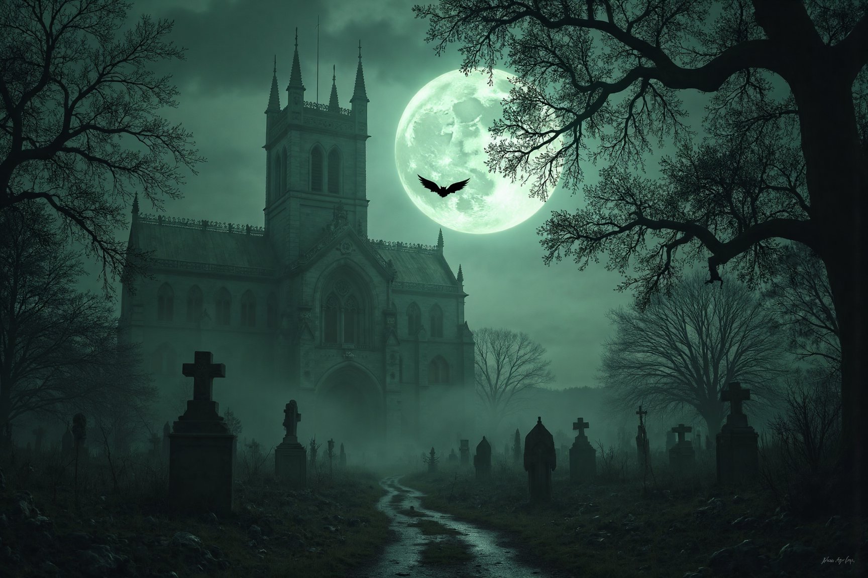 A dark and eerie gothic cathedral looms over a foggy, overgrown cemetery filled with old, crumbling tombstones. The sky is shrouded in thick clouds, with a glowing full moon casting a ghostly green light over the scene. A large bat flies ominously in the foreground, adding to the unsettling atmosphere. The cathedral's architecture is towering and sinister, with sharp spires and intricate stone carvings. The graveyard path is narrow and crooked, leading through the graves under the haunting silhouettes of dead, twisted trees. The overall ambiance is chilling, mysterious, and hauntingly atmospheric.