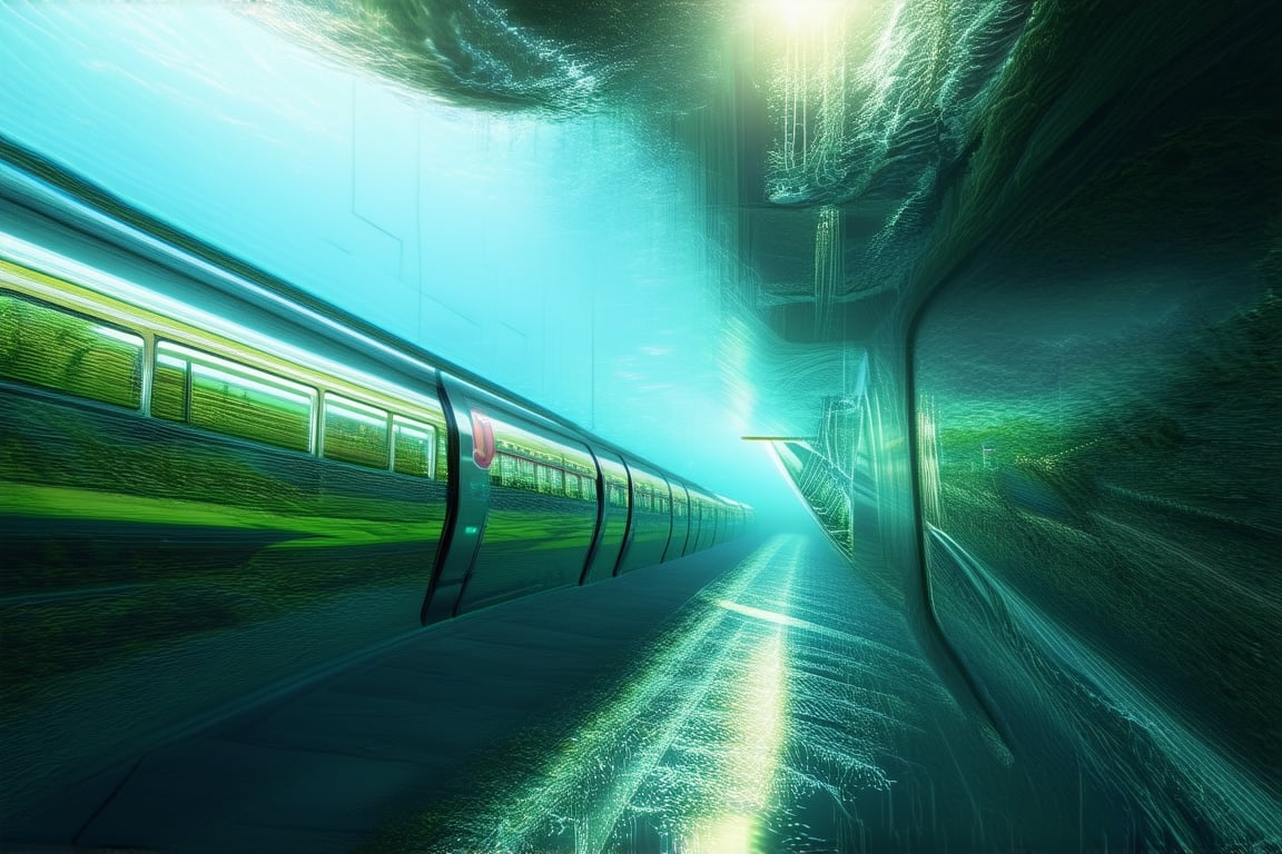 A futuristic underwater scene: a subway train glides smoothly through a transparent glass tunnel, surrounded by the vast expanse of ocean water. The sunlight from above casts an eerie glow, illuminating the sleek train and rippling the seaweed-like tendrils swaying in the current.