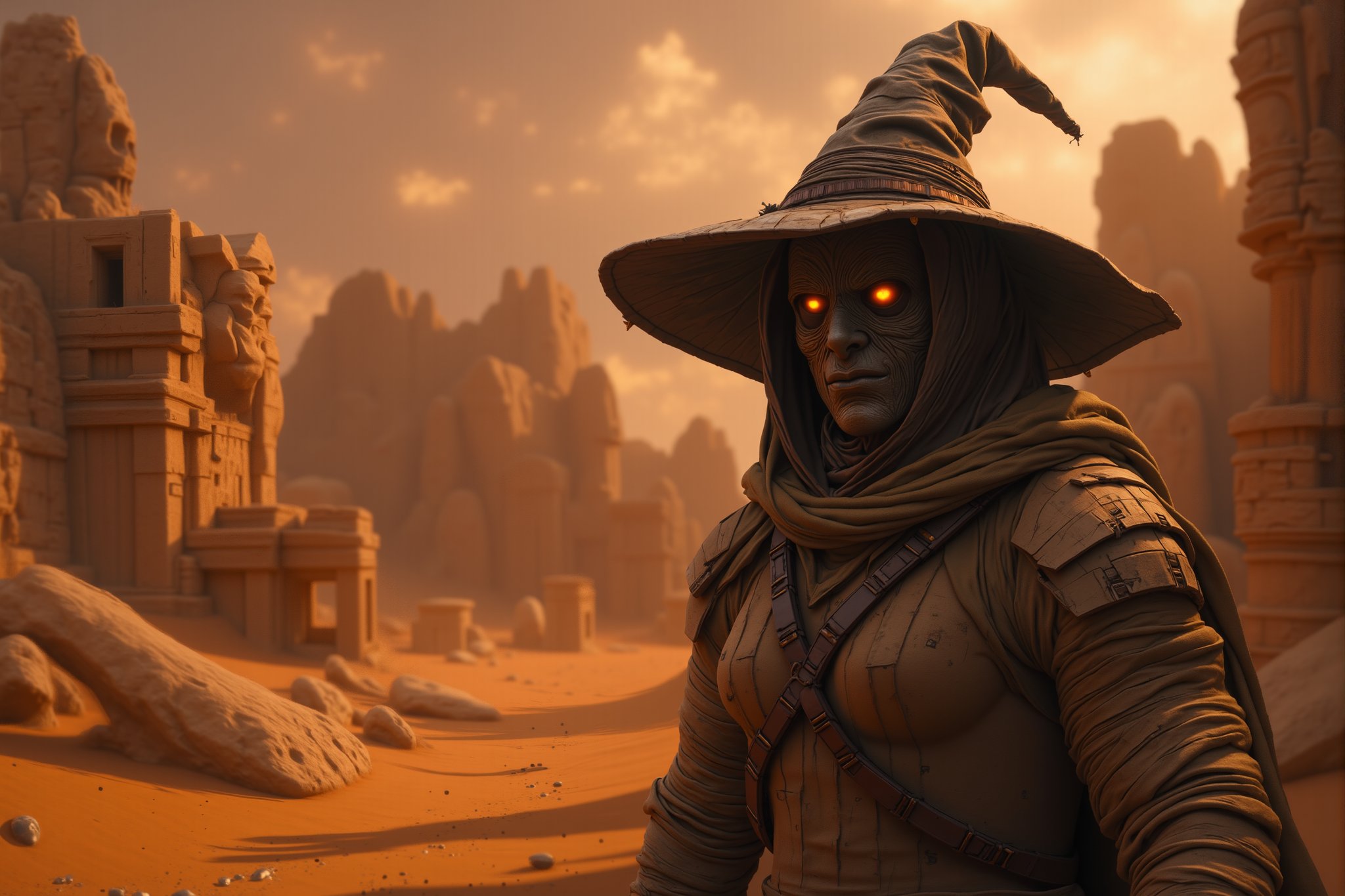 8K UHD realistic fantasy image, a masked bounty hunter stands amidst a mystical desert landscape. The hunter wears a mummy-like bandaged outfit, with a witch's hat perched atop their head. The mask is intricately detailed, with glowing eyes and a menacing expression. The mummy's bandages are weathered and tattered, revealing glimpses of the bounty hunter's skin beneath. The witch's hat adds an element of magic and mystery to the character. The scene is bathed in a warm, golden light, with sand dunes and ancient ruins in the background, creating a sense of adventure and danger.