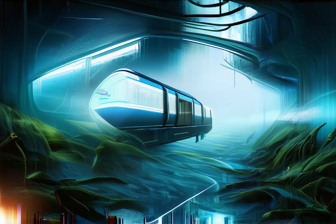 A futuristic underwater scene: a subway train glides smoothly through a transparent glass tunnel, surrounded by the vast expanse of ocean water. The sunlight from above casts an eerie glow, illuminating the sleek train and rippling the seaweed-like tendrils swaying in the current.