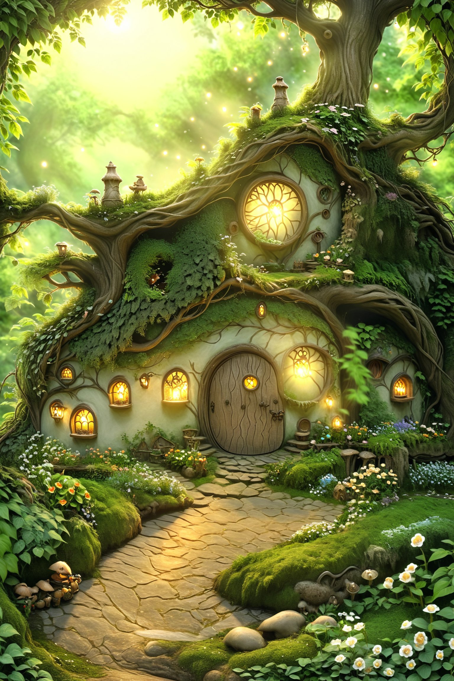 A whimsical scene unfolds as the camera captures the serene atmosphere of an enchanted forest. Amidst the lush green foliage and sunlit trees, a charming hobbit-style dwelling nestles cozily into the nook of a massive tree trunk. Smoke lazily billows from the chimney, carrying the scent of warmth and comfort. Steps lead up to the round door, inviting viewers to enter this mystical realm, whimscial, bugs, fairys, 75 degree wide angle, movie still,