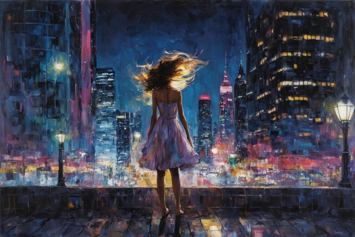 A painting of a bustling cityscape at night, where the lights of skyscrapers and streetlamps create a dazzling display. A young woman stands on a rooftop, looking out over the city with a sense of wonder. Her dress billows in the wind, and her hair is illuminated by the neon lights. The background features a vibrant mix of colors and reflections, capturing the energy and excitement of the urban landscape. The scene is dynamic and electric, capturing the beauty of the city at night.