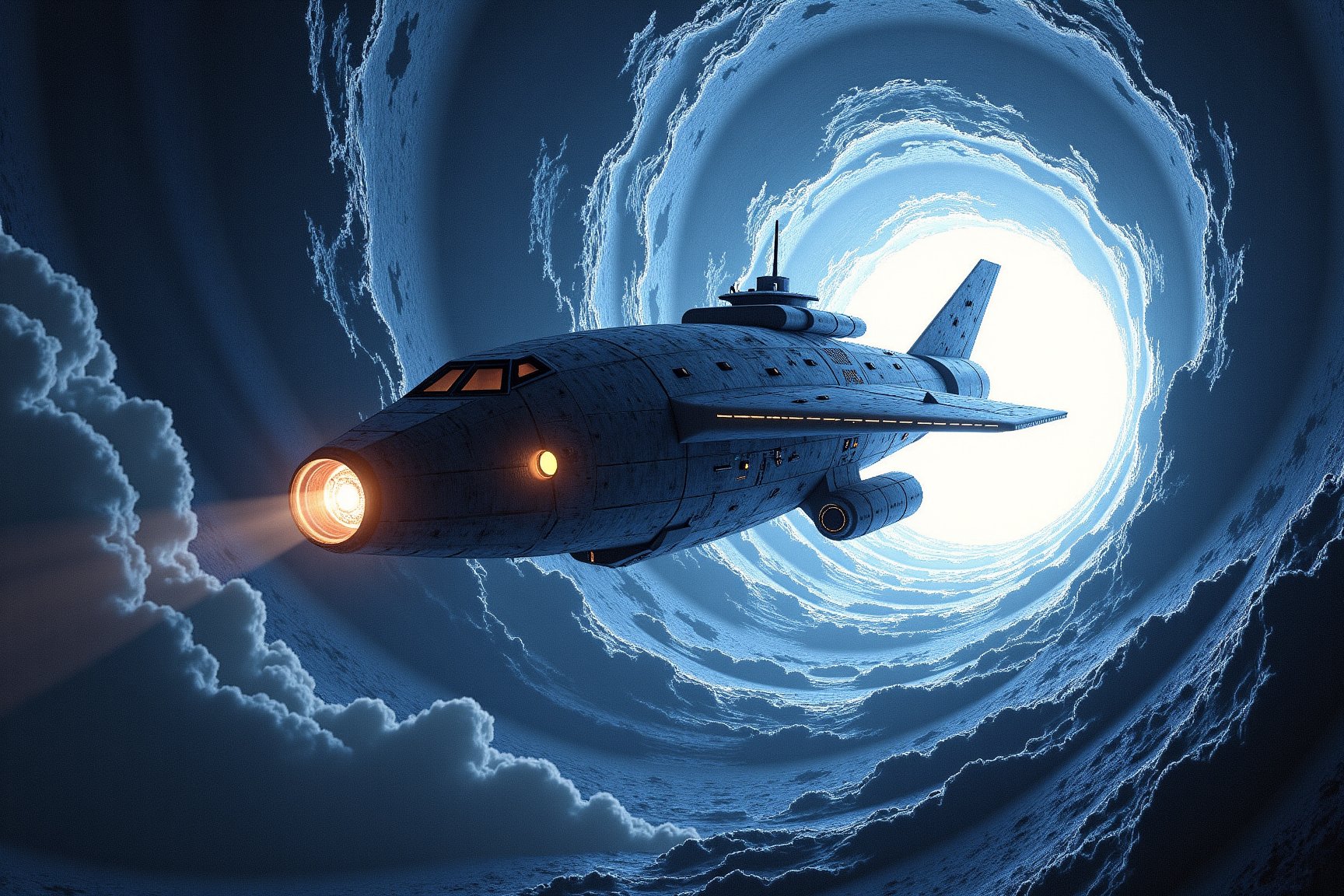 ultrarealistic space battleship entering a twister worm hole,realistc swirlingstars 