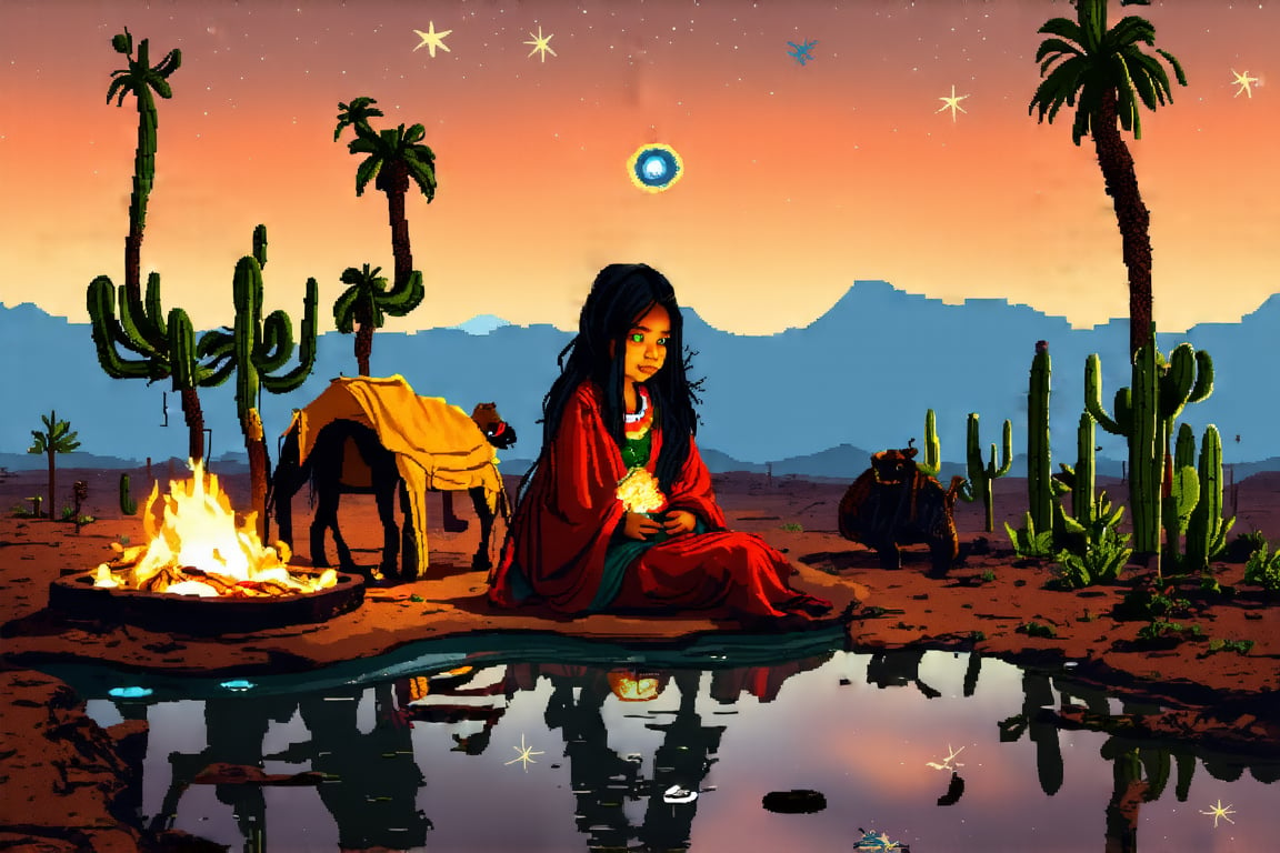 Pixel art scene of a vast desert oasis at dusk. A young nomad girl with long black hair and striking green eyes sits by a small campfire. Her traditional robes flow in earthy tones. Palm trees and a small pool reflect the setting sun. The girl's tent is nearby, made of weathered fabric. A camel rests in the background. The sky transitions from deep blue to orange, with pixelated stars appearing. Cacti and desert flowers dot the landscape.,pixelartsd3