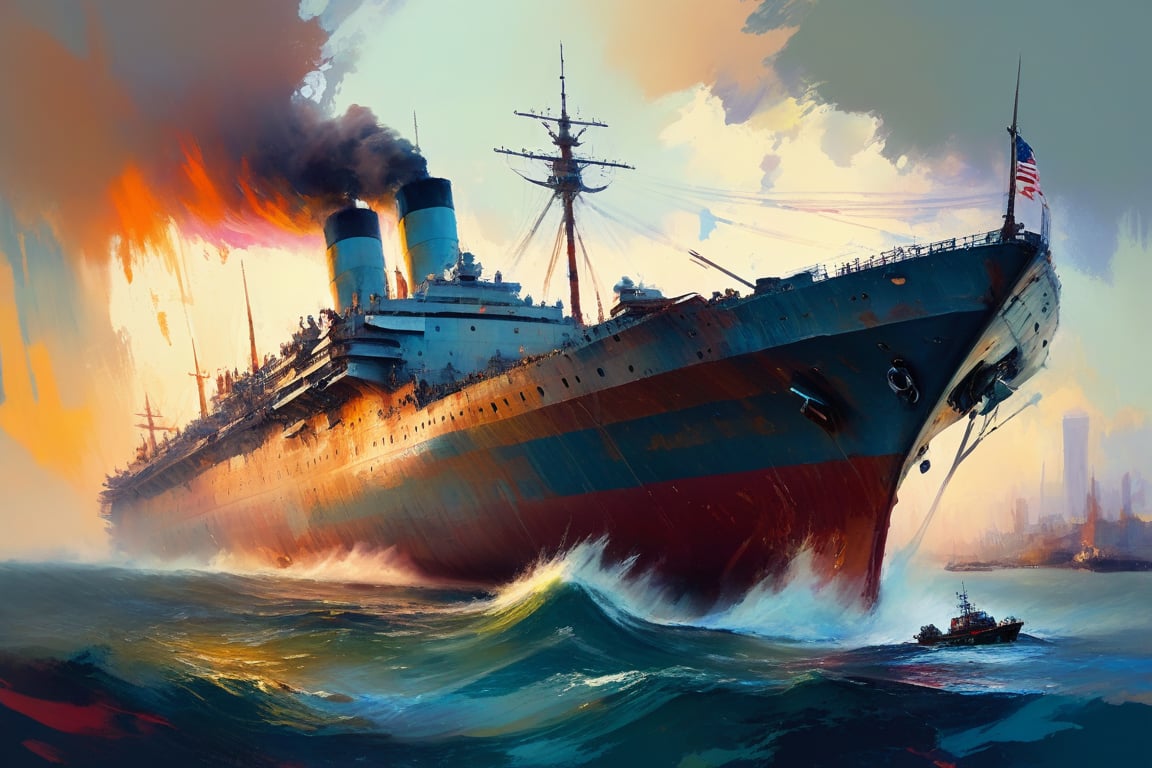 "An imaginative and impressionist depiction of a ripped, tattered, and battle-worn appearance of a large ship, with vibrant, focused brushstrokes capturing every detail. A focused impressionist image where every brushstroke is sharp and clear. Color palette blends muted, earthy tones with vibrant accents, enhancing the depth and atmosphere of the scene. Every detail in the image in sharp focus. Distinct forms and shapes in the background should suggest a military flying drone."