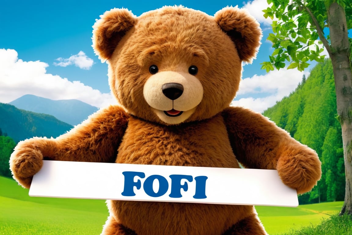 a big Teddy bear holding a board with the text saying "FOFI" smiling, daytime,background many teddys bears