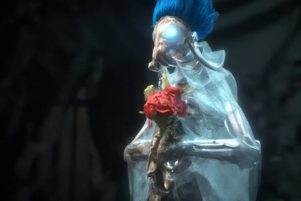 The skeleton of a bride holds a bouquet of roses between her bony hands and which is covered by a transparent tunic in which the white of the bones of her body can be seen.