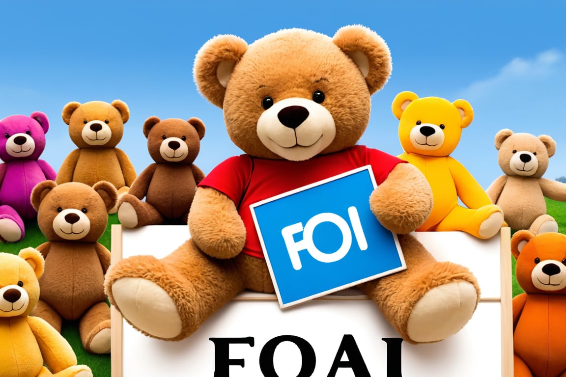 a big Teddy bear holding a board with the text saying "FOFI" smiling, daytime,background many teddys bears