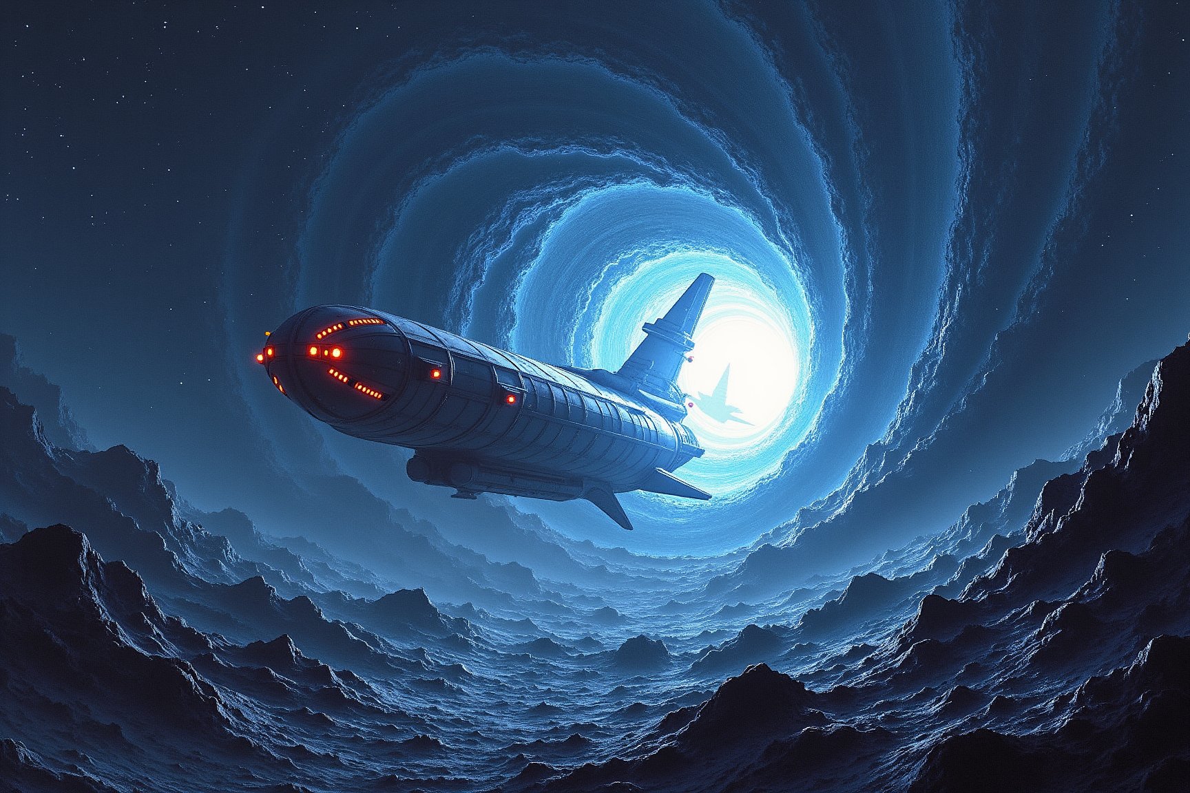 ultrarealistic space battleship entering a twister worm hole,realistc swirlingstars 