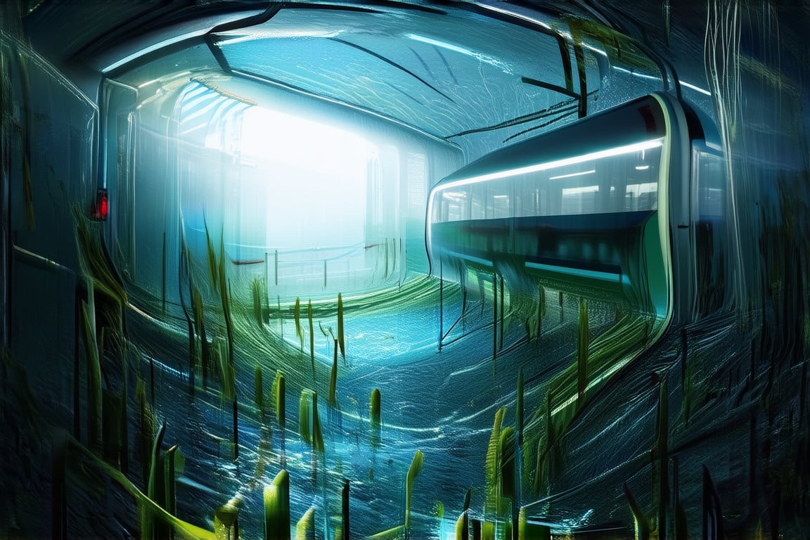 A futuristic underwater scene: a subway train glides smoothly through a transparent glass tunnel, surrounded by the vast expanse of ocean water. The sunlight from above casts an eerie glow, illuminating the sleek train and rippling the seaweed-like tendrils swaying in the current.