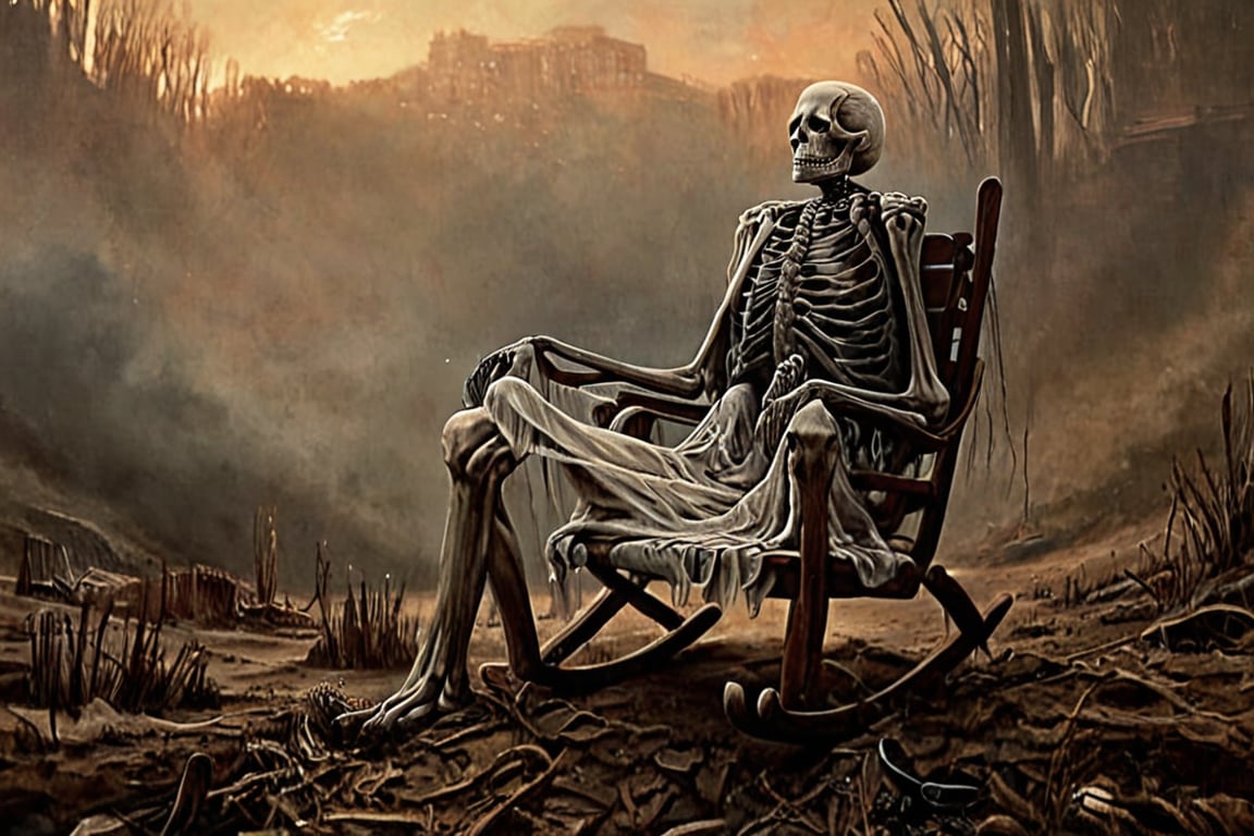 Imágenes Realismo Mythical and gloomy scene of a skeleton which has already sat in a chair or rocking chair that is already covered by fabric, it damages you and dust, the skeleton itself has been there posing in that rocking chair for hundreds of years