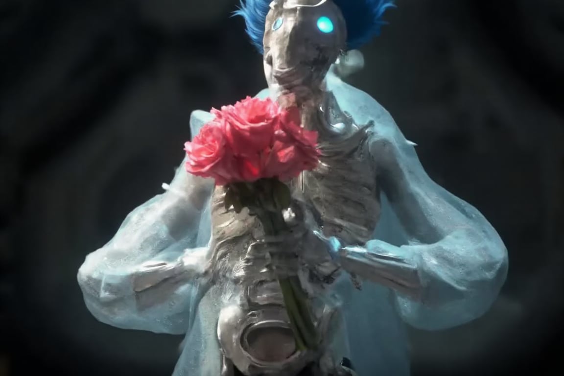 The skeleton of a bride holds a bouquet of roses between her bony hands and which is covered by a transparent tunic in which the white of the bones of her body can be seen.