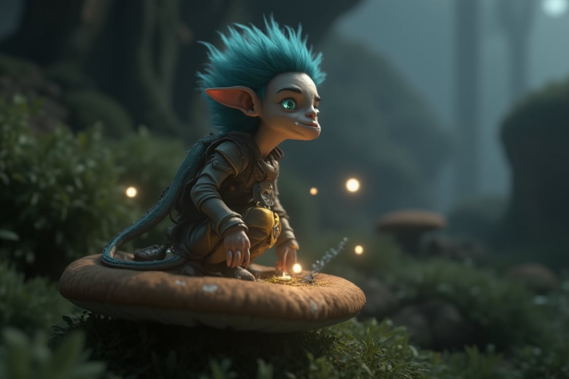 A whimsical CGI 3D animation visual: a delicate elf (species) perches on a moss-covered mushroom, surrounded by twinkling fairy lights. The camera zooms in on the elf's intricate features, showcasing a mischievous grin and piercing green eyes. Soft, warm lighting casts a gentle glow, highlighting the elf's ethereal aura as it gazes out at the misty forest landscape.