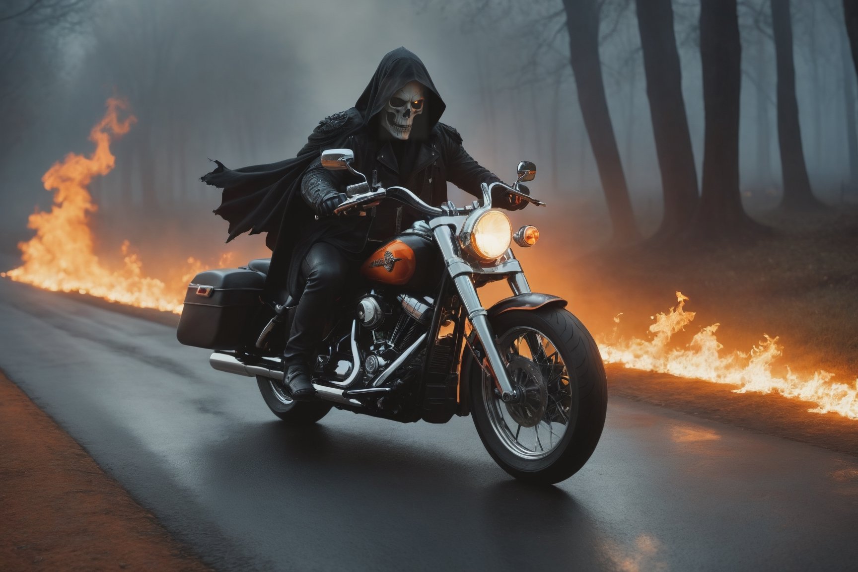 (One Person), (Image of a Headless Horseman Riding a Harley Davidson Motorcycles:1.4), (Headless:1.2), (Orange Flame:1.6), (Wearing Black Torn Rider Outfit:1.4), (Holding a Flaming Skull:1.4), (Dimly Lit Cemetery Road at Night:1.6), Centered, (Full Body Shot:1.4), From Front Shot, Intricate Hand Details, Cinematic Shot and Lighting, Realistic Colors, Masterpiece, Sharp Focus, Ultra Detailed, Taken with DSLR camera, Realistic Photography, Depth of Field, Incredibly Realistic Environment and Scene, Master Composition and Cinematography, hallow33n,darkart,ghost person