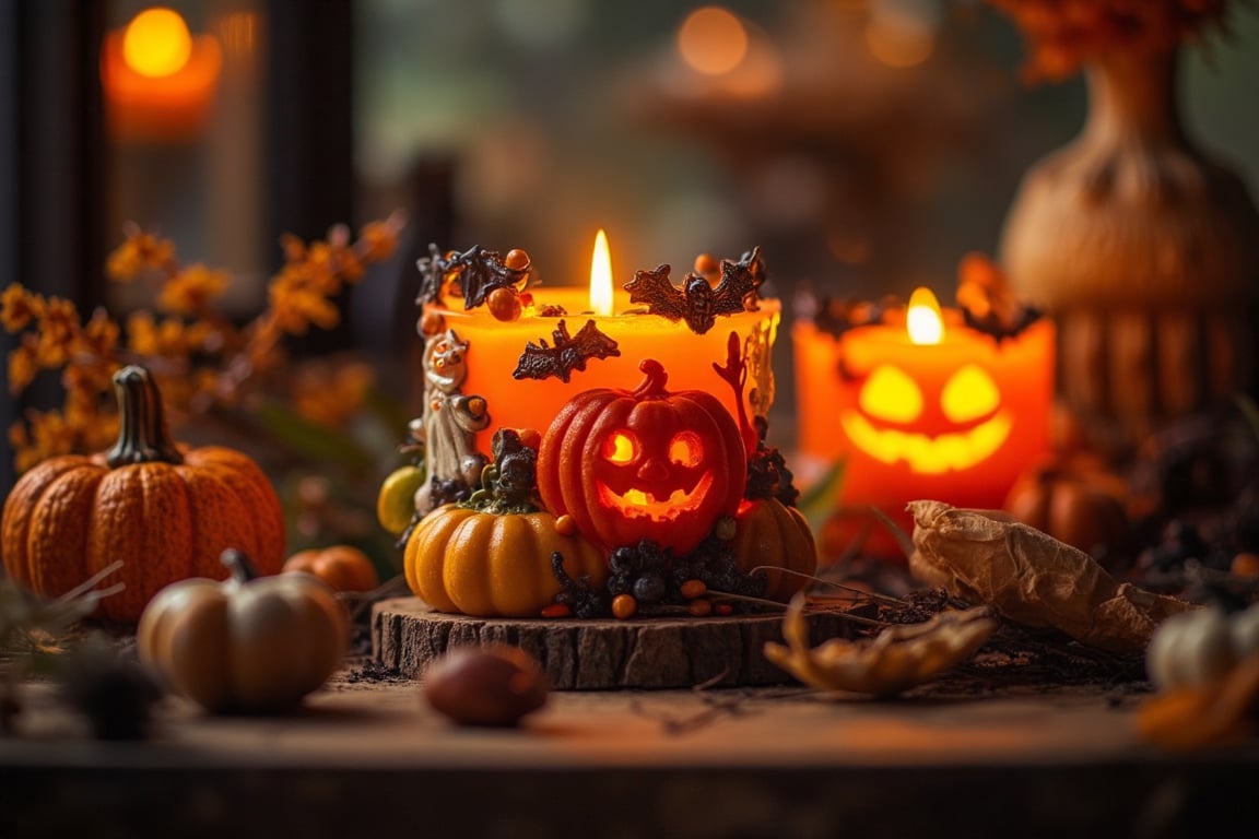 A DSLR-quality image of a decorative Halloween candle. The candle is intricately designed, with spooky motifs like pumpkins, bats, and ghosts. The composition captures the candle from a close-up angle, highlighting its detailed craftsmanship and vibrant colors. The lighting is soft and warm, casting a gentle glow around the candle. The background is minimal, focusing attention solely on the decorative piece. The scene exudes a festive, Halloween atmosphere, with the candle as the central subject.