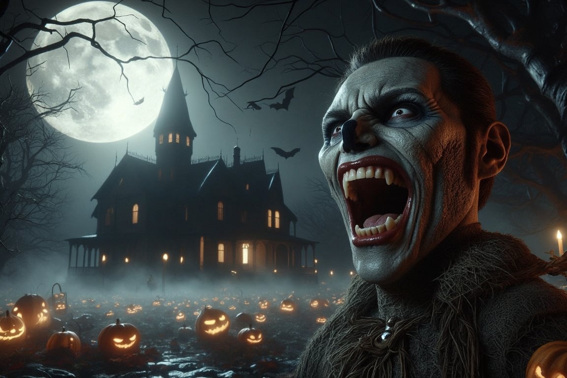  vampire, fangs,open mouth, ,full moon,,ancient,mysterious,(masterpiece,detailed, best quality),dark fantasy, Clean lines,geometric shapes,tree,DarkHalloween