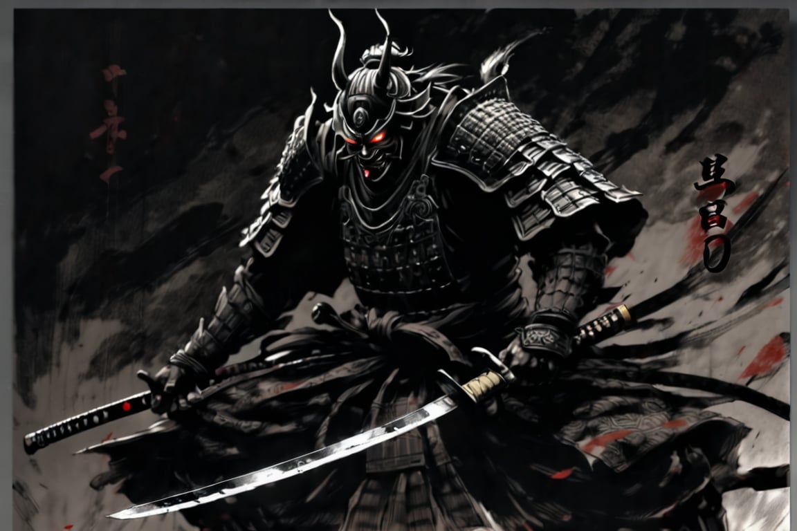 Score 9, Source Manga, (2 page manga) (Japanese samurai in Japanese armour engaged in slashing combat in the dark), Excellent image quality, Exquisite detail, Charcoal drawing, Charcoal, Popular Japanese action manga, Ink painting, Holding a sword, Swinging a sword down, Black aura, Glowing eyes, Demon mask, Cold air coming from mouth