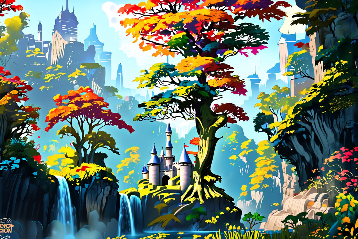 magical fae wild forest city surrounded by cliffs and waterfalls with multicolor trees, massive tree in the center and huge castle
