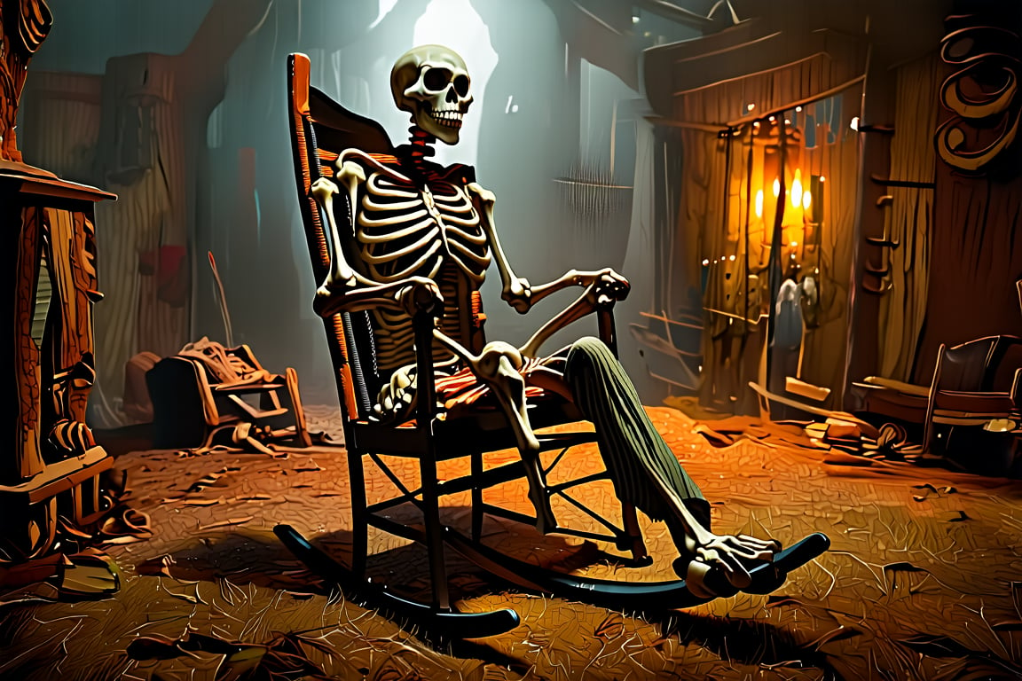 Mythical and gloomy scene of a skeleton which has already sat in a chair or rocking chair that is already covered by fabric, it damages you and dust, the skeleton itself has been there posing in that rocking chair for hundreds of years