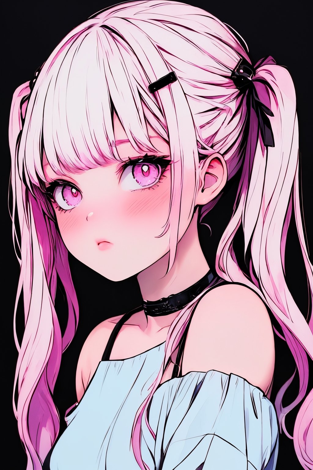 (masterpiece),,(best quality), 
1girl, solo, long hair, looking at viewer, blush, simple background, shirt, hair ornament, bare shoulders, twintails,  upper body, pink hair,  choker, hairclip, pink eyes, off shoulder, black shirt, black background,  multicolored eyes, covering mouth, off-shoulder shirt, 

High detailed ,masterpiece