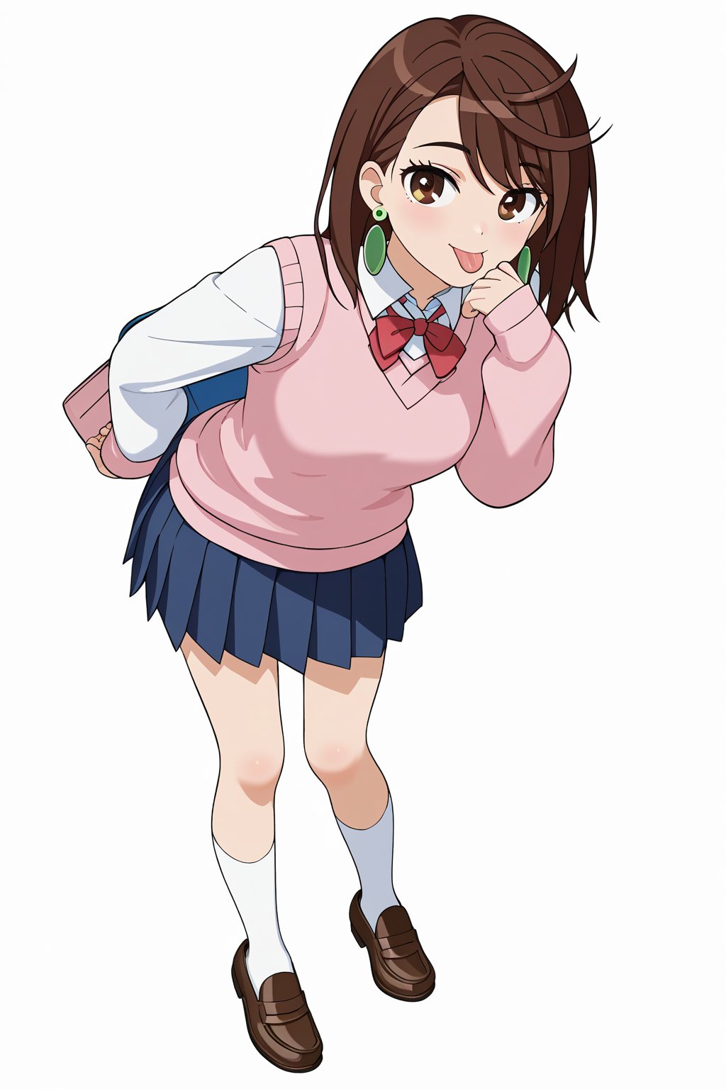 (masterpiece),(best quality), 

(closed mouth:1.1),  tongue out,  :p, akanbe,

skirt, school uniform, pleated skirt, shoes, socks, loafers, sweater vest, (pink sweater:1.5), shirt, white shirt, collared shirt, earrings, (green earrings:1.2), white stockings, blue skirt , (brown hair:1.2) brown eyes, 
