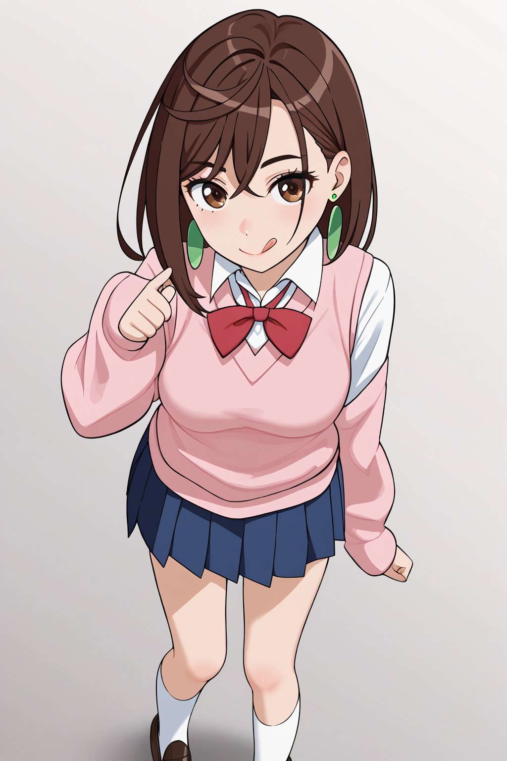 (masterpiece),(best quality), 

(closed mouth:1.1),  tongue out,  :p, akanbe,

skirt, school uniform, pleated skirt, shoes, socks, loafers, sweater vest, (pink sweater:1.5), shirt, white shirt, collared shirt, earrings, (green earrings:1.2), white stockings, blue skirt , (brown hair:1.2) brown eyes, 
