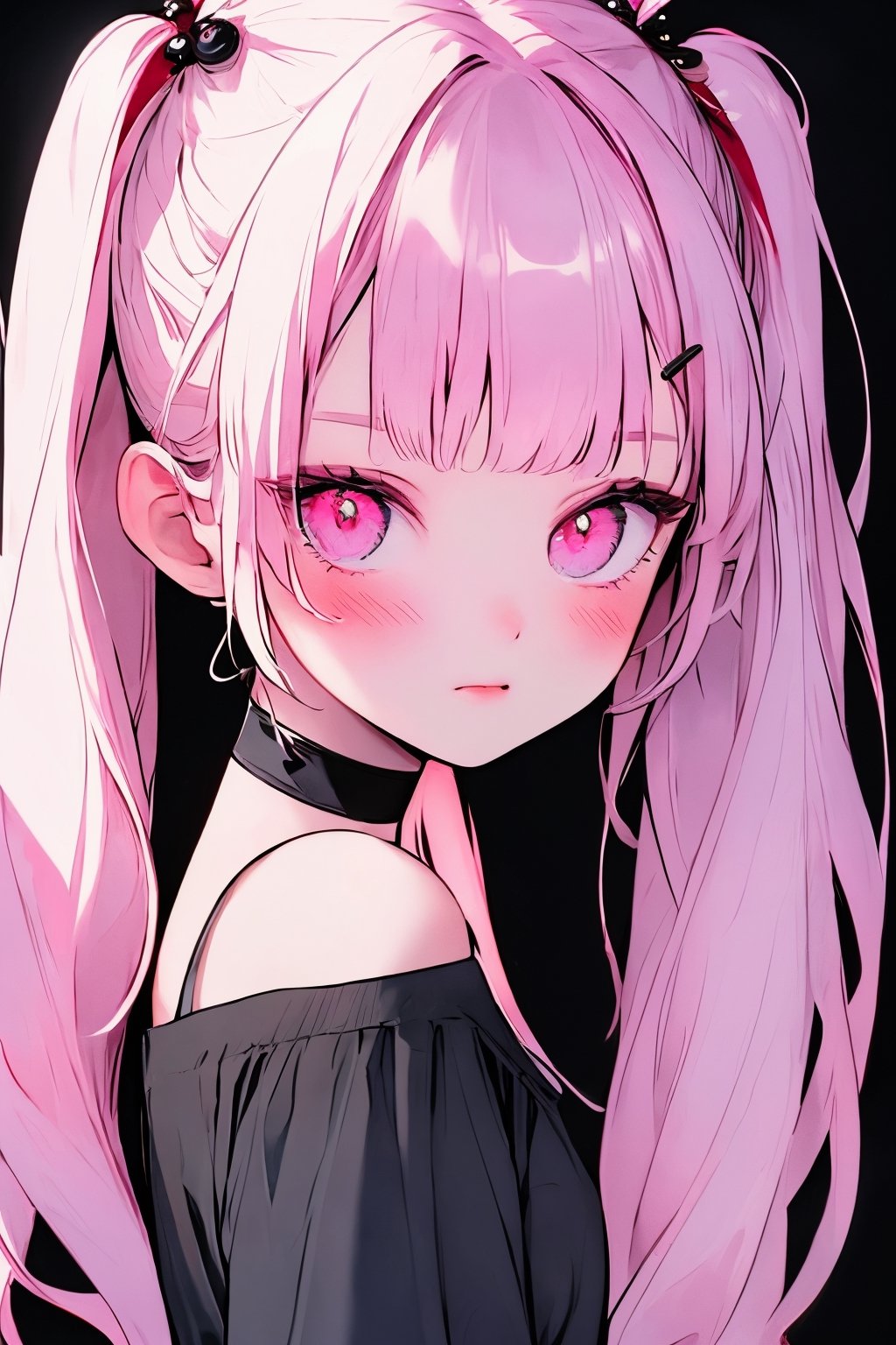 (masterpiece),,(best quality), 
1girl, solo, long hair, looking at viewer, blush, simple background, shirt, hair ornament, bare shoulders, twintails,  upper body, pink hair,  choker, hairclip, pink eyes, off shoulder, black shirt, black background,  multicolored eyes, covering mouth, off-shoulder shirt, 

High detailed ,masterpiece