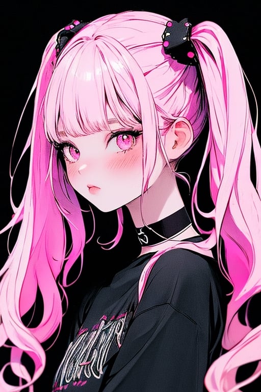 (masterpiece),,(best quality), 
1girl, solo, long hair, looking at viewer, blush, simple background, shirt, hair ornament, bare shoulders, twintails,  upper body, pink hair,  choker, hairclip, pink eyes, off shoulder, black shirt, black background,  multicolored eyes, covering mouth, off-shoulder shirt, 

High detailed ,masterpiece