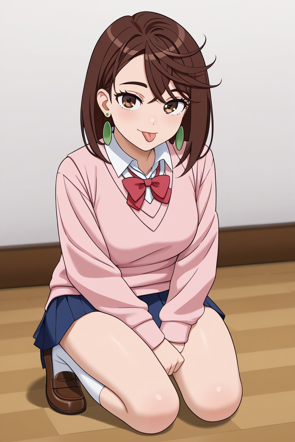 (masterpiece),(best quality), 

(closed mouth:1.1),  tongue out,  :p, akanbe,

skirt, school uniform, pleated skirt, shoes, socks, loafers, sweater vest, (pink sweater:1.5), shirt, white shirt, collared shirt, earrings, (green earrings:1.2), white stockings, blue skirt , (brown hair:1.2) brown eyes, big legs, sexy legs,