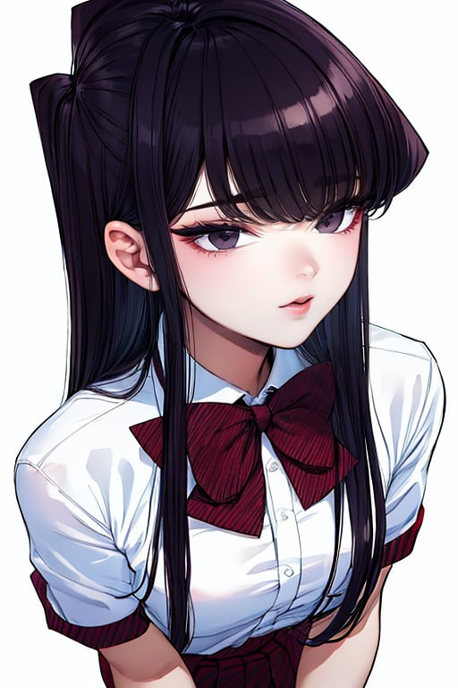 1 girl,solo, portrait, masterpiece, absurdres, highres, ultra detailed, infrared photography, demon effect:1.1,LINEART, More Detail,

mishaguji, eldritch abomination,mucha art style,bzillust, komi_shouko,

komi shouko, 1girl, solo, long hair, black hair, purple hair, purple eyes, school uniform, white shirt, short sleeves, collared shirt, bowtie, red bow, striped bow, red skirt, shoes, black pantyhose, Standing with hands on the waist, perfect eyes, (portrait, upper body:1.4),
(sexy thigh:1.6), complex_background, complicated_background
