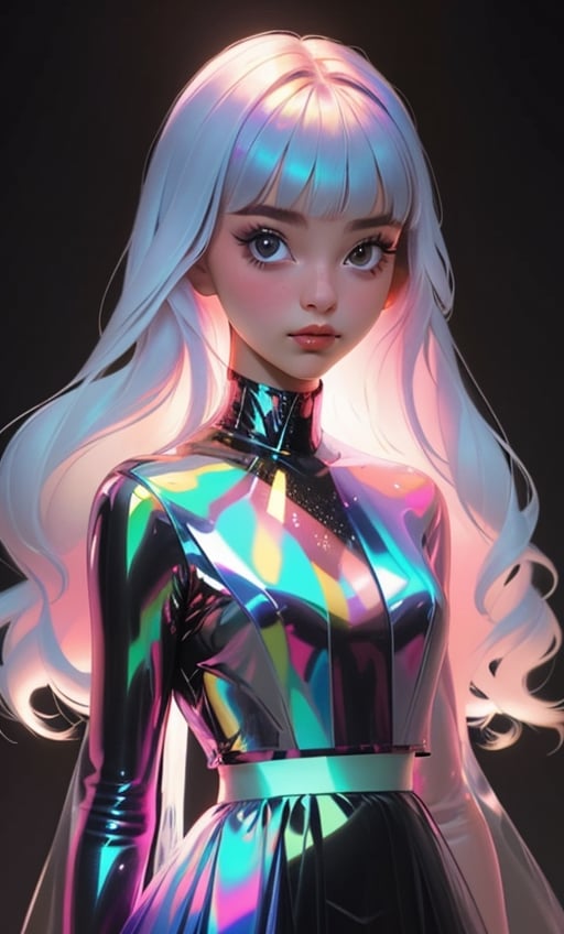 (masterpiece),(best quality), 

1girl, solo, long hair, looking at viewer, simple background, closed mouth, upper body, white hair, blunt bangs, lips, black background, portrait, 

hologram skirt,portrait,(dress hologram:1.2), bioluminescent liquid